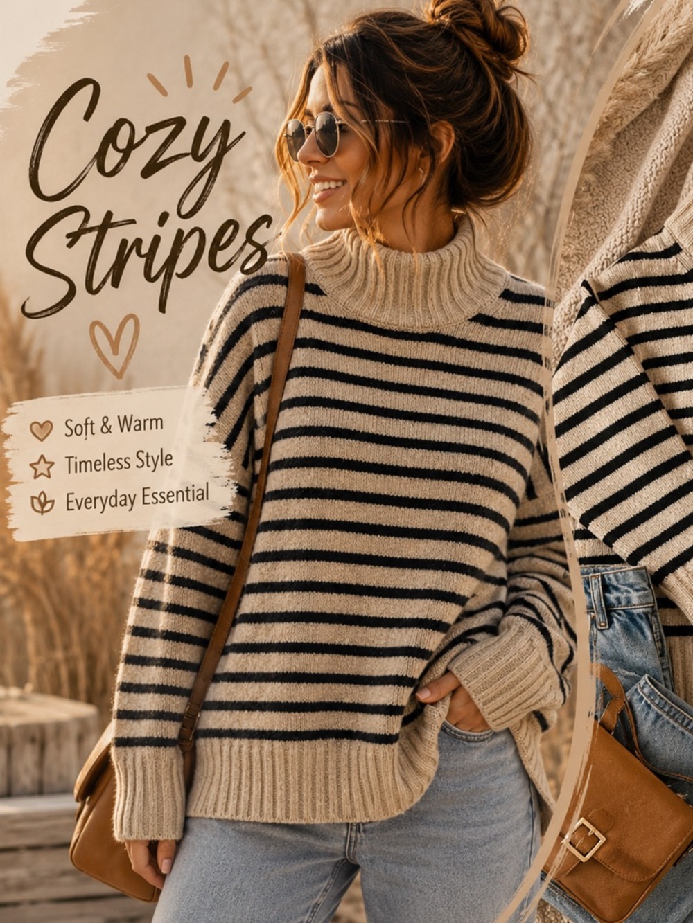 a new day Black and Cream Striped Turtleneck Sweater